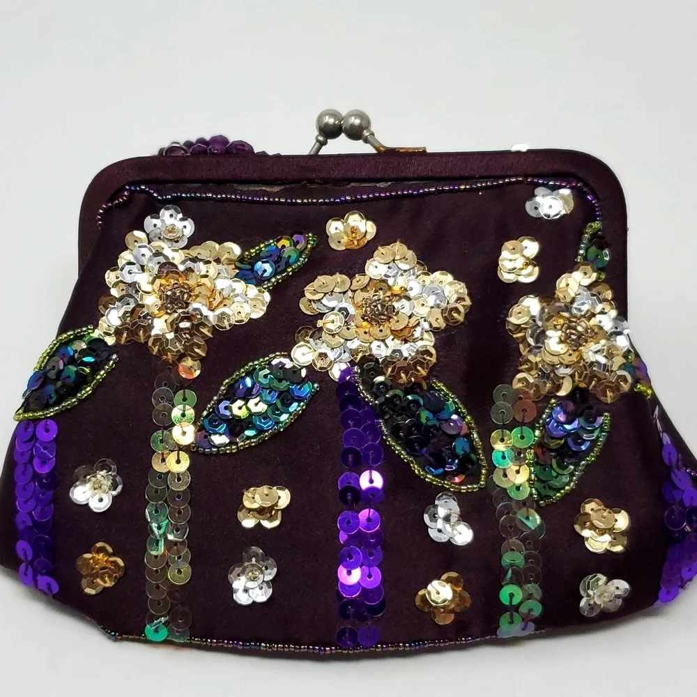 Beautiful Embellished Sequined & Beaded Handbag Clutch Peacock Colors Snap Close